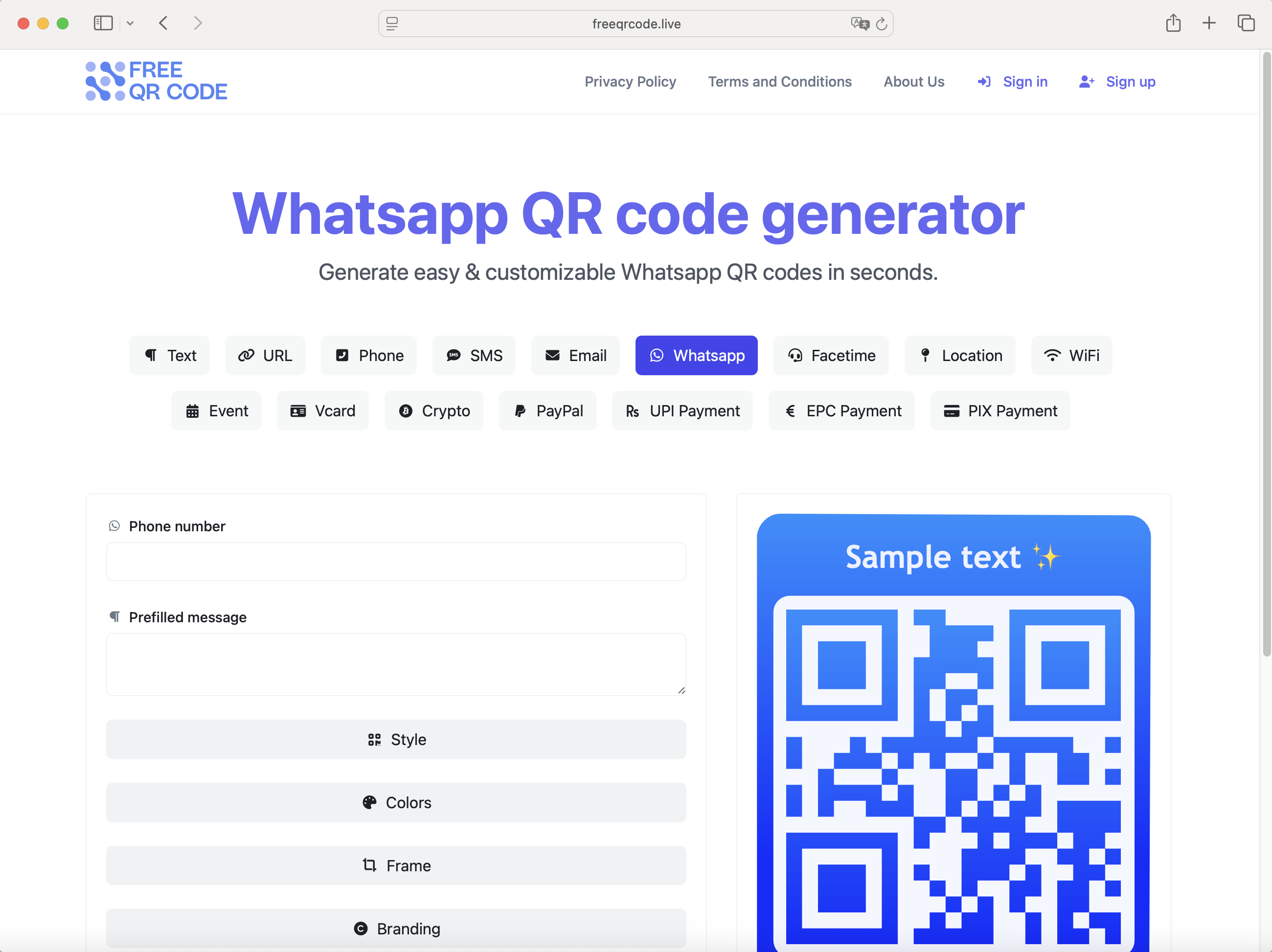 Screenshot of the QR code generator page